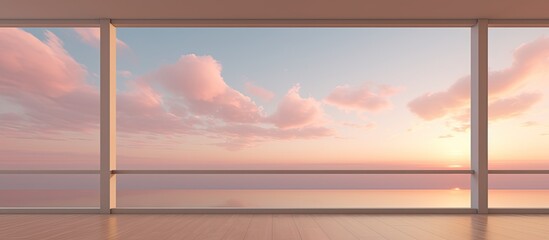 The image captures a room featuring a large window that offers a breathtaking view of the expansive ocean