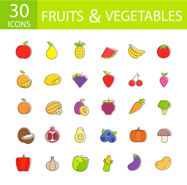 Icons for the site fruits on vegetables with lines with fill illustration
