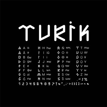 Turkic runic alphabet. In this alphabet, there are numbers and other symbols. Runic letters are accompanied by Latin and Kazakh letters
