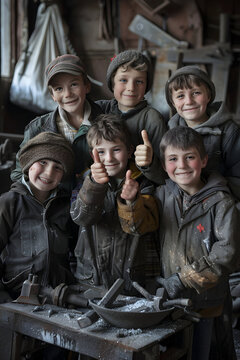 Group of children doing their dream job as Blacksmiths standing inside the blacksmith workshop. Concept of Creativity, Happiness, Dream come true and Teamwork.