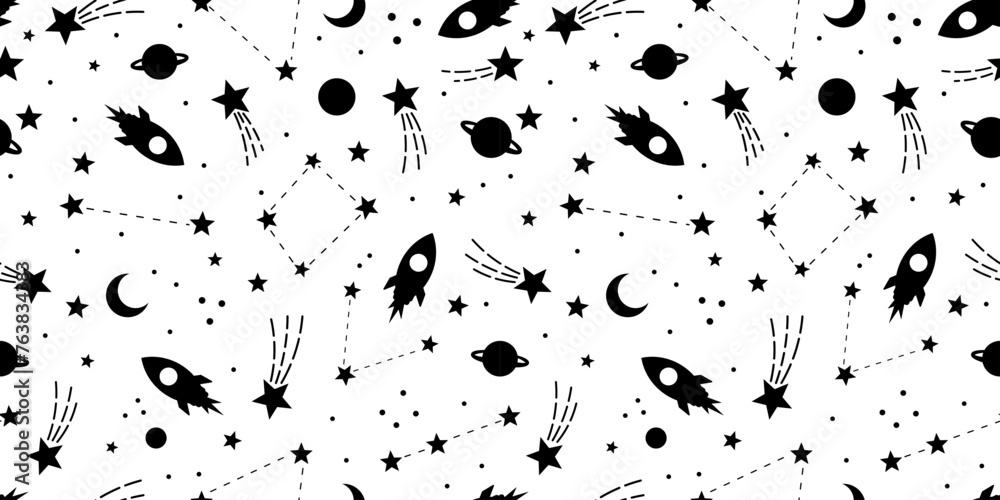 Poster galaxy pattern in black and white, rocket with shooting stars flat vector wallpaper, seamless repeat