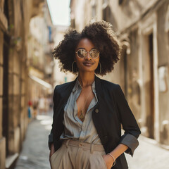 Fototapeta premium An outdoor portrait of a stylish young black woman entrepreneur on a summer afternoon in italy. Dressed in smart casual clothing