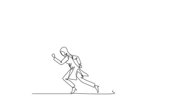 Animation of one line drawing of single one line drawing Arabian businesswoman running chased by pendulum paper rolls bills. Trying to run away from responsibility to pay the bills. Full length motion