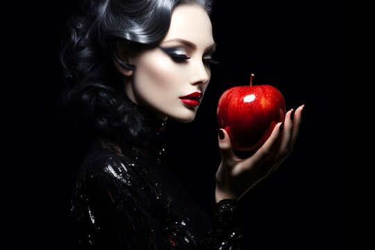 a woman holding a red apple