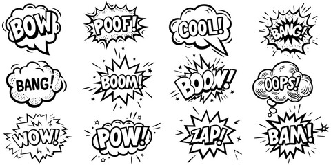 Set of hand drawn elements doodle comics isolated on white background. Comic elements with text BOW, POW, WOW, BAM, BOOM, BANG