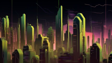 A foreboding metropolis emerges with a neon glow, hinting at a dystopian future. The unsettling calm in this digital art piece evokes thoughts of a high-tech, yet desolate urban life.