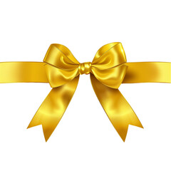 Decorative gold bow with a long yellow ribbon, isolated on a white background. Christmas and New Year holiday decoration. With clipping path