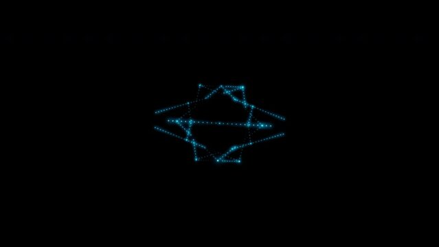 Glowing neon Metatron Cube, consisting of many small blue flashing dots, light bulbs. Sacred geometry. 4k 3d loop animation 60 fps.