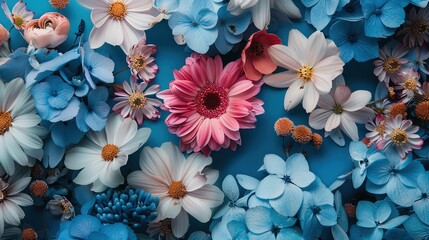 Top view blue monday concept composition with flowers close-up ,Generative ai ,