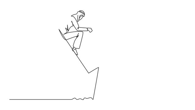 Animated self drawing of single one line drawing of Arab sluggish businessman sits downcast on a swooping arrow stuck in the ground. Losses from the stock exchange. Full length single line animation