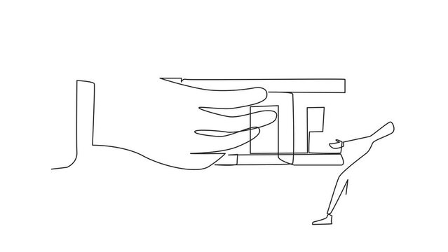 Animated self drawing of single continuous line drawing Arab businessman pulling miniature house which is also pulled by big hand. Failed to pay the mortgage. Full length single line animation