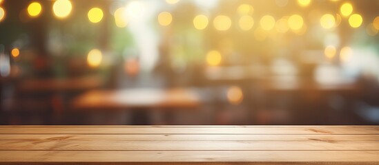 A hardwood table with tints and shades of amber wood, set against a blurry background of a bustling city restaurant. The horizon meets the sky as heat emanates from the wooden flooring - Powered by Adobe