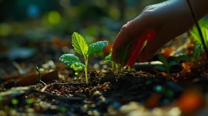 A single hand plants a seedling in the moist earth, illuminated by the golden rays of the morning sun. It's a symbol of hope and the start of new life.