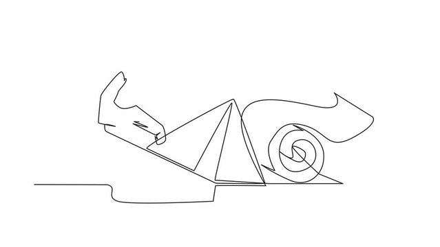 Self drawing animation of continuous one line drawing businesswoman boarded a paper boat loaded with rolls of paper bills and almost drowned. Spending more than income. Full length animated
