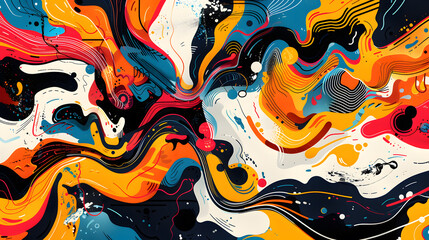 A dynamic abstract painting featuring a swirl of vibrant colors and energetic patterns against a speckled backdrop.