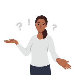 Confused girl. Girl have some questions. Dialog. Question form. Flat vector illustration isolated on white background