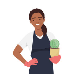 Young woman holding a cactus in her hands. Flat vector illustration isolated on white background