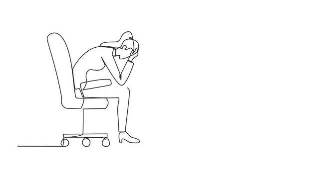 Animation of one line drawing of single continuous line drawing of businesswoman sits pensively on office chair in front is a broken piggy bank. Failing to save because have to pay. Full length motion