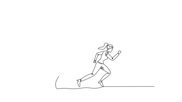 Animated self drawing of single continuous line drawing of businesswoman running chased by pendulum paper rolls bills. Trying to run away from responsibility to pay. Full length single line animation