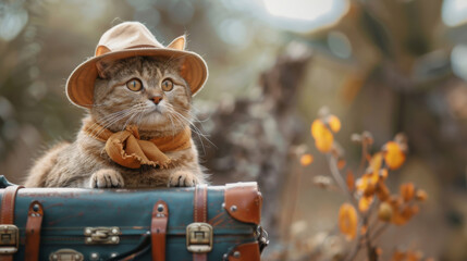 A whimsical tabby cat ready for adventure, wearing a safari hat and scarf, perched atop a vintage suitcase. - Powered by Adobe