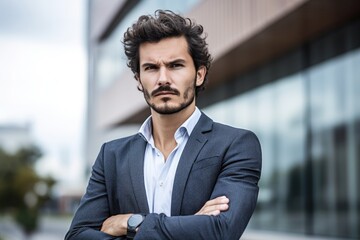 portrait of a confident young man standing in front of his office building - obrazy, fototapety, plakaty
