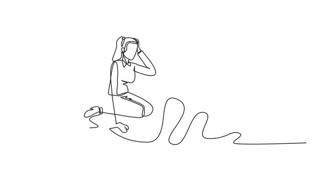 Animation of one line drawing of single continuous line drawing businesswoman sits on the floor and feet are chained by a steel ball while holding a billing paper. Collapse. Full length motion