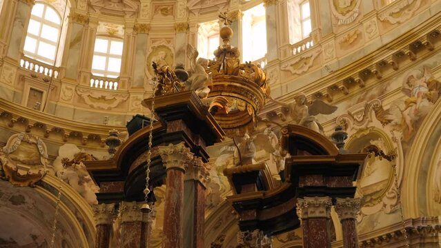 The Santuario Basilica Regina Montis Regalis Monumental Baroque Dome In Italy Vicoforte. Low Angle Shot