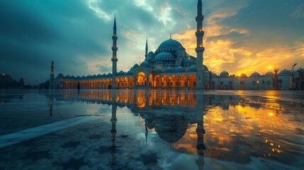 The warm hues of sunset bathe an ornate mosque, reflecting in the water before it. The symmetry of the architecture and reflections creates a stunning visual harmony in the peaceful evening. - obrazy, fototapety, plakaty