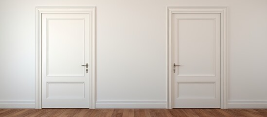 A room featuring two pristine white doors, a wooden floor, and a sleek white wall