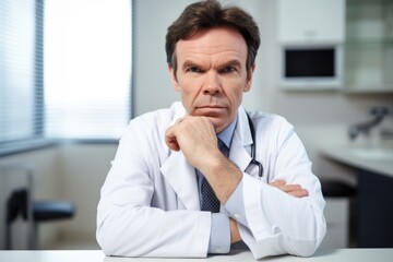 portrait of a handsome mature doctor sitting with his arms crossed in the office - obrazy, fototapety, plakaty