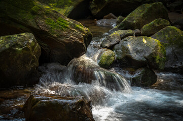 Beautiful sunlight shines on the rocks full of moss in the river, water flows from the top like...