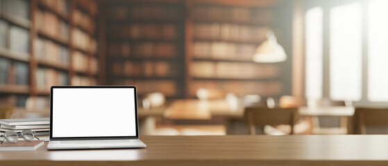 A white-screen laptop computer mockup, eyeglasses, and books on a wooden table in a library.