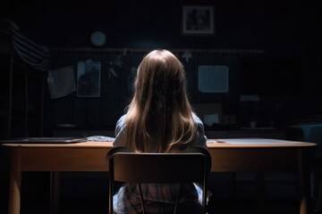 rearview shot of elementary schoolgirl sitting alone in the dark at home - obrazy, fototapety, plakaty