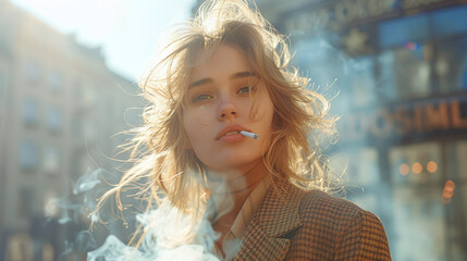 Elegant young beautiful business woman smokes a cigarette against the background of a business center