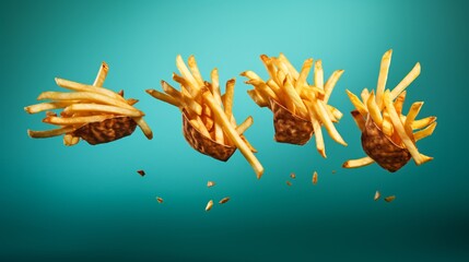 french fries falling in the air - obrazy, fototapety, plakaty