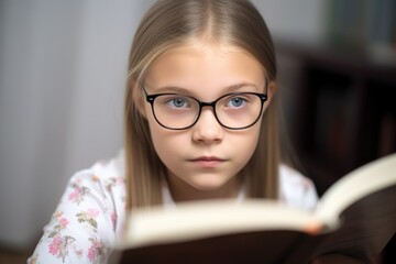 portrait of a young schoolgirl reading from her textbook in class - obrazy, fototapety, plakaty