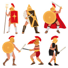 Gladiator characters. People in armor. Warriors with different weapons. Sparta coliseum fight character, ancient roman army characters