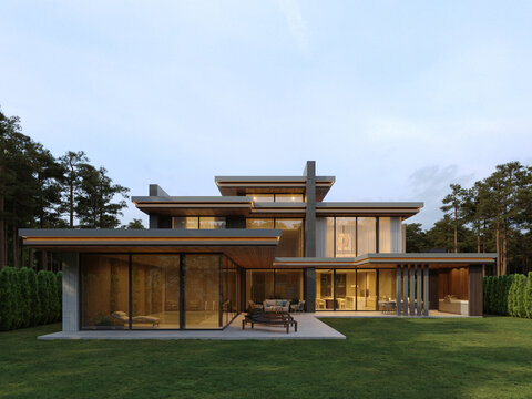 Luxury contemporary style house with flat roof and panoramic windows 