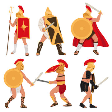 Gladiator characters. People in armor. Warriors with different weapons. Sparta coliseum fight character, ancient roman army characters