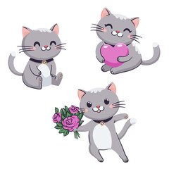 Urocze kotki. Słodkie szare zwierzaki, serce i bukiet róż. Ilustracja wektorowa.
