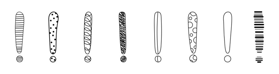 Doodle exclamation mark hand drawn sketch vector illustration set isolated on white background. Collection of various exclamation marks attention punctuation black and white freehand scribble symbols. - obrazy, fototapety, plakaty