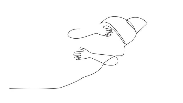 Animation of one line drawing of single one line drawing of hands hugging croissant. Food in the form of soft bread in the shape of a crescent moon. snack is synonymous with France. Full length motion