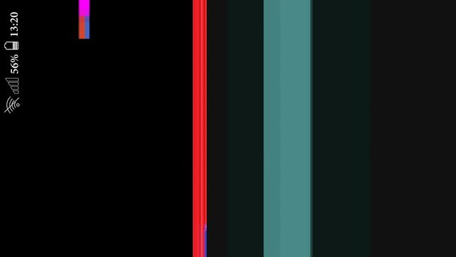Vertical colored stripes on a black background. Glitches and distortions with artifacts. No image, no signal. Vertical video for smartphone.