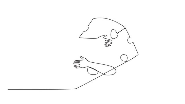 Animated self drawing of single continuous line drawing hands hugging cheese. Foods made from milk go through a coagulation process. Milk that comes from cows, goats. Full length single line animation