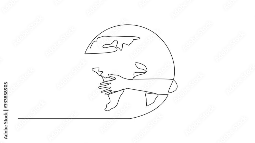 Poster animated self drawing of single continuous line drawing of hands hugging globe. keeping the earth gr