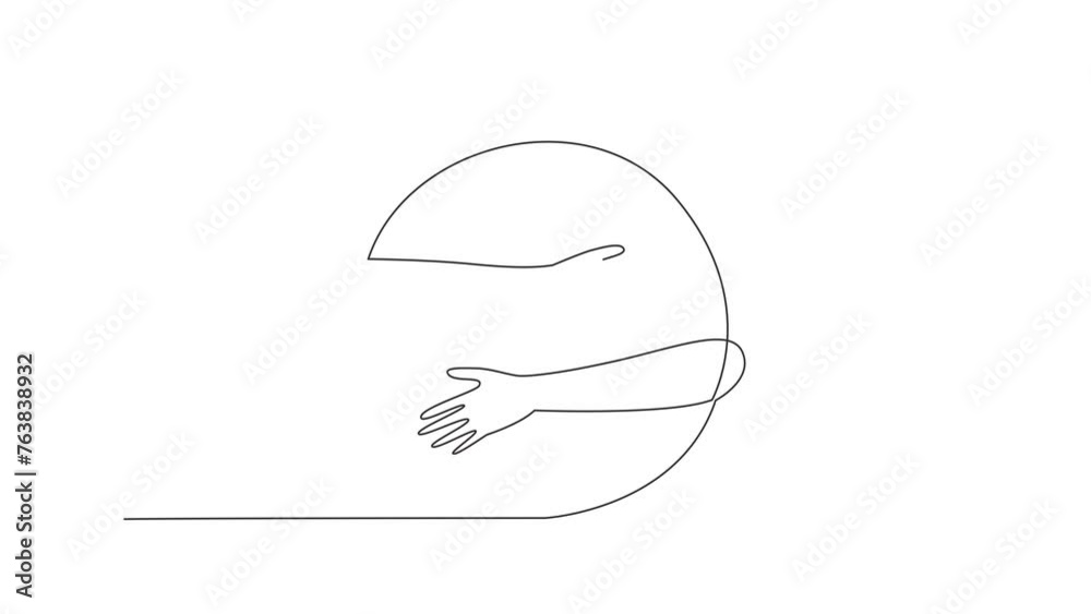 Poster self drawing animation of single continuous line drawing of human hands hugging circle. passion in c