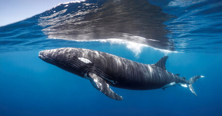 Breathtaking underwater encounter with humpback whale in the serene blue waters of the caribbean sea.