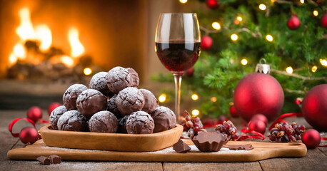 Festive spirit with delightful spread of chocolate truffles, red wine, and holiday decorations on cozy wooden table. - Powered by Adobe