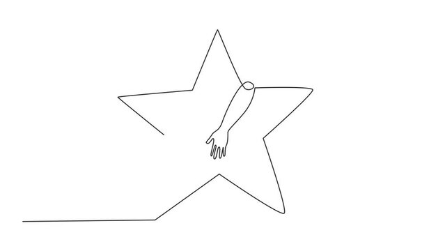Animated self drawing of continuous one line drawing of hands hugging five pointed star. Successfully touching the stars means succeeding in making business fly. Full length single line animation