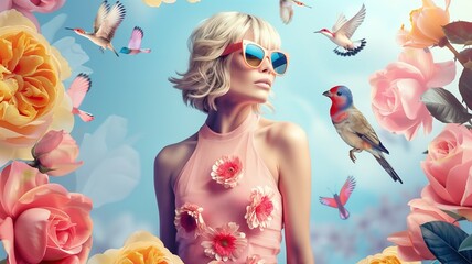 Art collage of woman with flowers, birds in pastel color